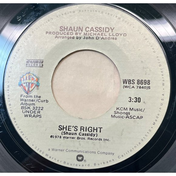 Shaun Cassidy Midnight Sun / She's Right 45 Pop 1978 Warner Bros WBS 8698 - Picture 2 of 6